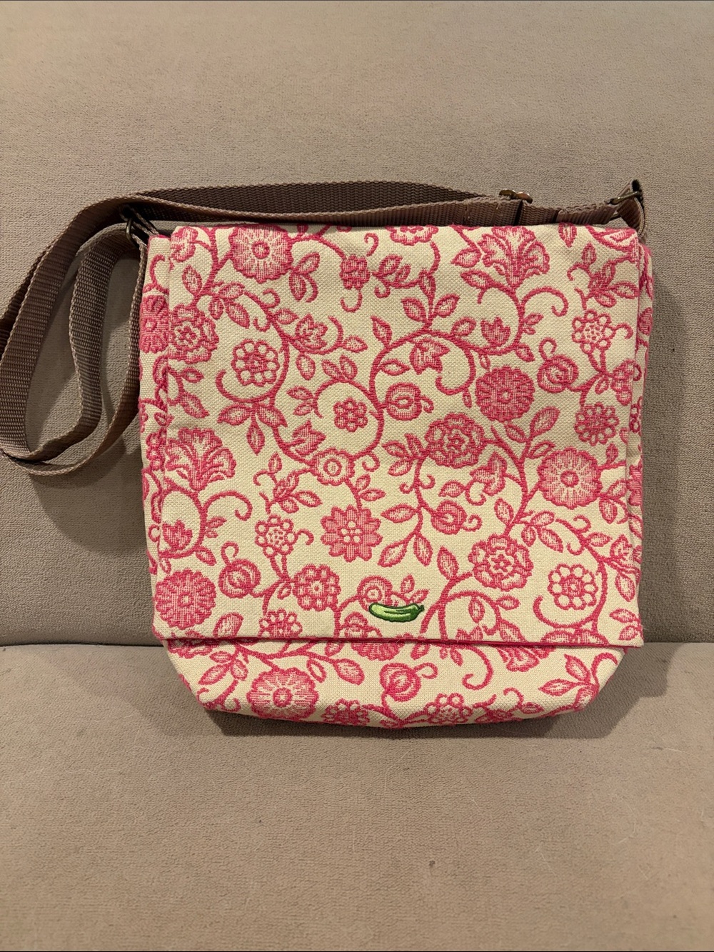 Y2K Viv Pickle Canvas Floral Crossbody Bag - Pink on Cream built in pockets